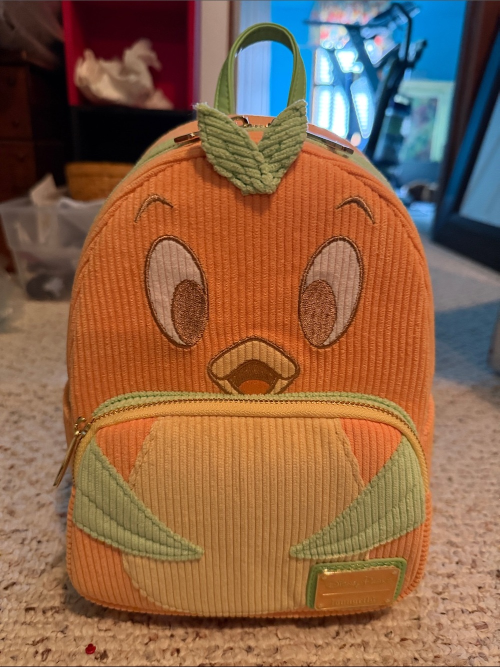 Loungefly Orange Bird Corduroy Mini Backpack in Orange and Green